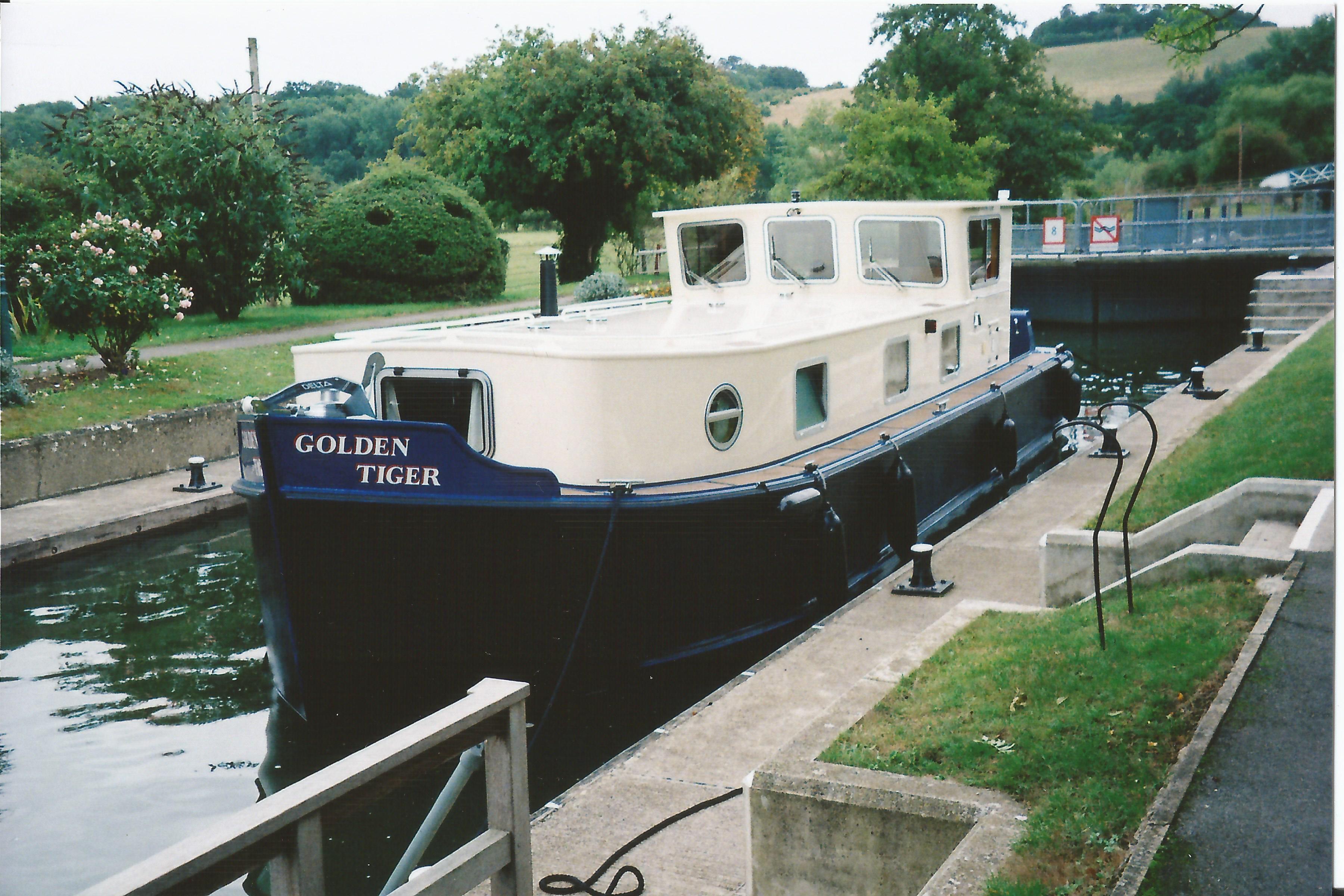 Bluewater Boats Motor Barge with Fixed Trawler Wheelhouse, Berthed on Thames Shepperton